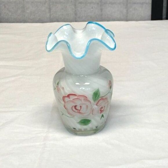 Fenton for Teleflora Cased Swirl Aqua Crest Hand Painted Ruffled Small Vase - Picture 1 of 12